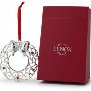 Lenox Sparkle & Scroll Silverplated Wreath Ornament Multicolor Crystals NIB